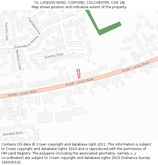 72, LONDON ROAD, COPFORD, COLCHESTER, CO6 1BJ: Location map and indicative extent of plot