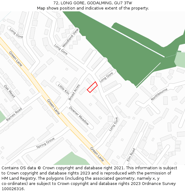 72, LONG GORE, GODALMING, GU7 3TW: Location map and indicative extent of plot