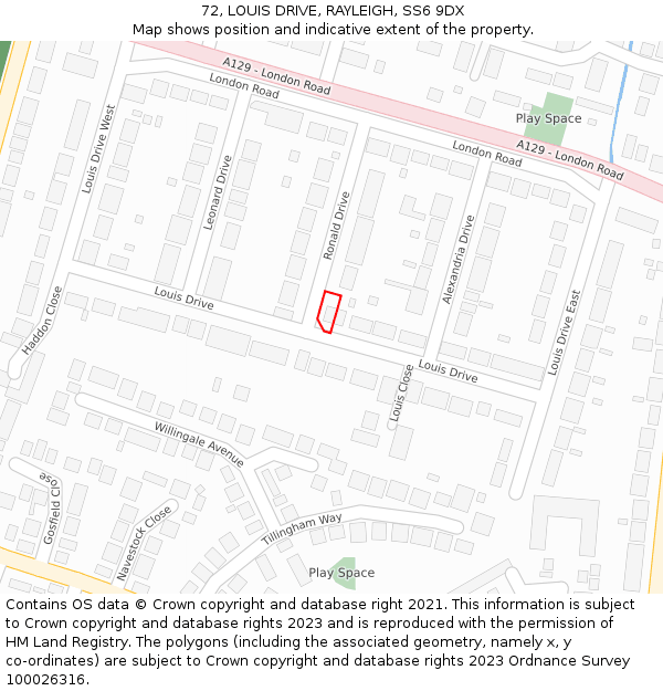 72, LOUIS DRIVE, RAYLEIGH, SS6 9DX: Location map and indicative extent of plot