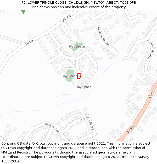 72, LOWER TRINDLE CLOSE, CHUDLEIGH, NEWTON ABBOT, TQ13 0FB: Location map and indicative extent of plot