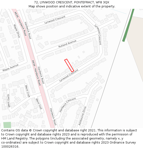 72, LYNWOOD CRESCENT, PONTEFRACT, WF8 3QX: Location map and indicative extent of plot