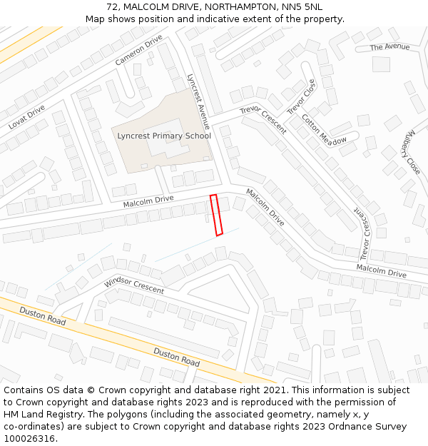 72, MALCOLM DRIVE, NORTHAMPTON, NN5 5NL: Location map and indicative extent of plot