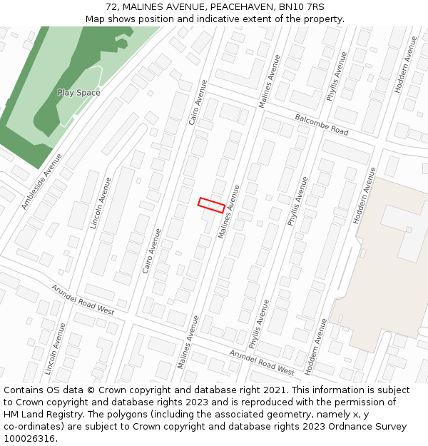 72, MALINES AVENUE, PEACEHAVEN, BN10 7RS: Location map and indicative extent of plot