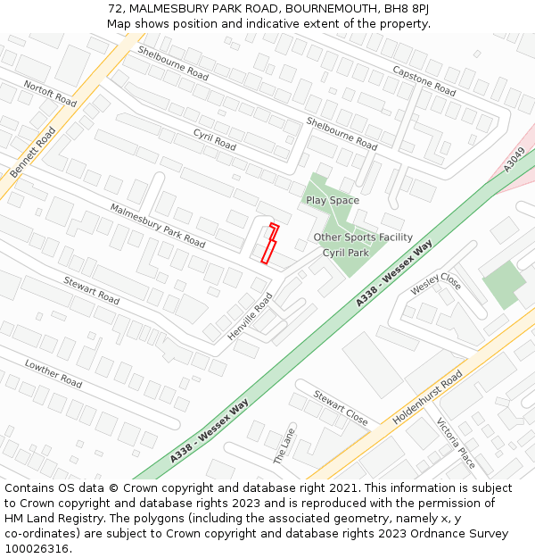 72, MALMESBURY PARK ROAD, BOURNEMOUTH, BH8 8PJ: Location map and indicative extent of plot