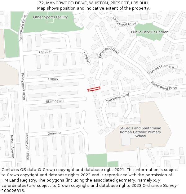 72, MANORWOOD DRIVE, WHISTON, PRESCOT, L35 3UH: Location map and indicative extent of plot