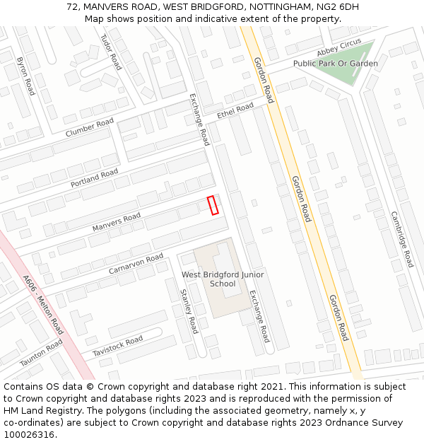 72, MANVERS ROAD, WEST BRIDGFORD, NOTTINGHAM, NG2 6DH: Location map and indicative extent of plot