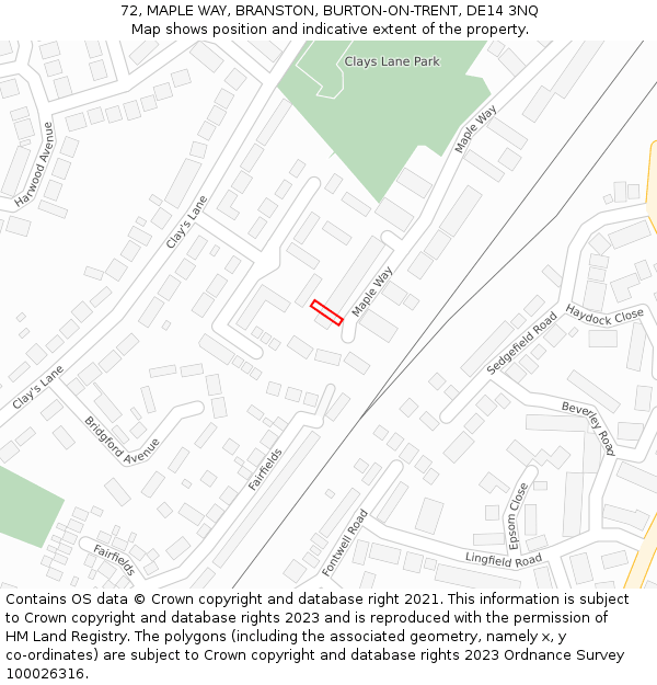 72, MAPLE WAY, BRANSTON, BURTON-ON-TRENT, DE14 3NQ: Location map and indicative extent of plot
