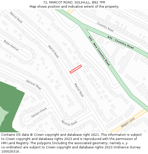 72, MARCOT ROAD, SOLIHULL, B92 7PR: Location map and indicative extent of plot