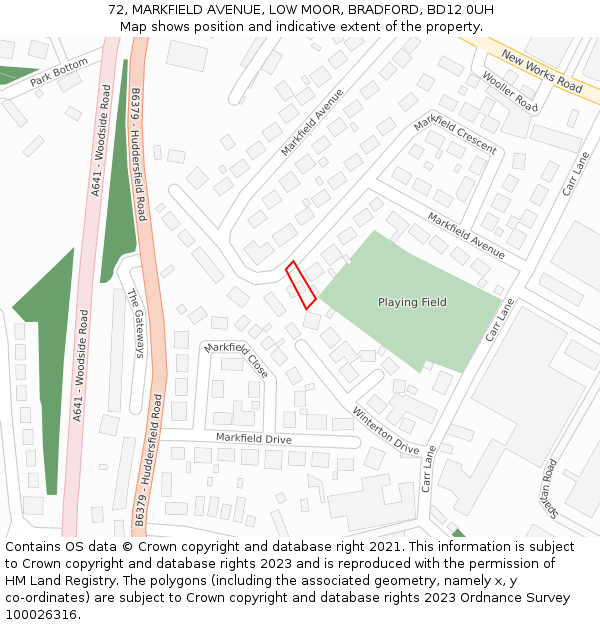 72, MARKFIELD AVENUE, LOW MOOR, BRADFORD, BD12 0UH: Location map and indicative extent of plot