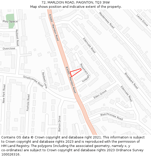 72, MARLDON ROAD, PAIGNTON, TQ3 3NW: Location map and indicative extent of plot