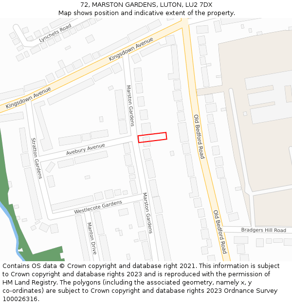 72, MARSTON GARDENS, LUTON, LU2 7DX: Location map and indicative extent of plot