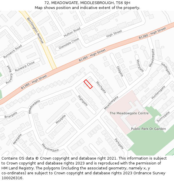 72, MEADOWGATE, MIDDLESBROUGH, TS6 9JH: Location map and indicative extent of plot