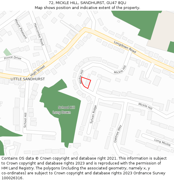 72, MICKLE HILL, SANDHURST, GU47 8QU: Location map and indicative extent of plot