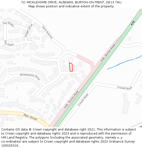 72, MICKLEHOME DRIVE, ALREWAS, BURTON-ON-TRENT, DE13 7AU: Location map and indicative extent of plot