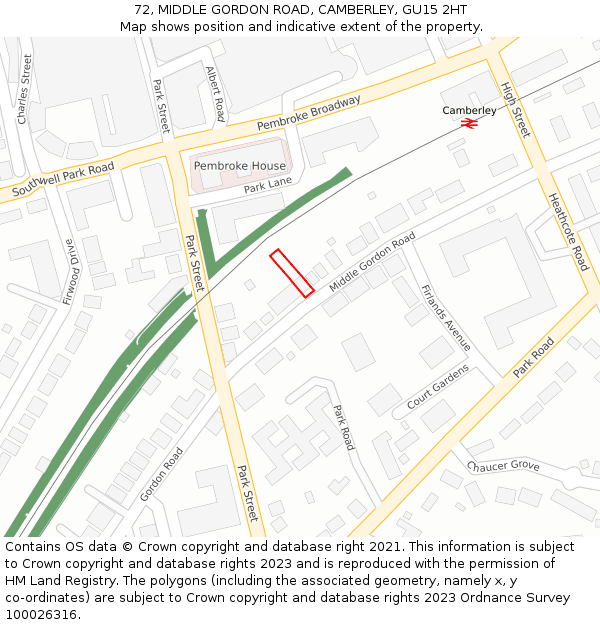 72, MIDDLE GORDON ROAD, CAMBERLEY, GU15 2HT: Location map and indicative extent of plot