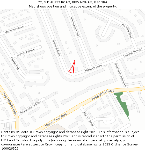 72, MIDHURST ROAD, BIRMINGHAM, B30 3RA: Location map and indicative extent of plot