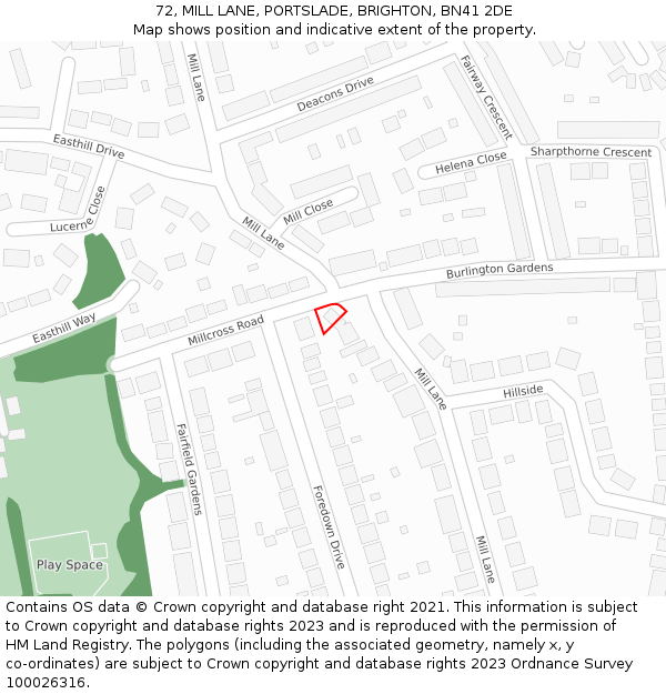 72, MILL LANE, PORTSLADE, BRIGHTON, BN41 2DE: Location map and indicative extent of plot