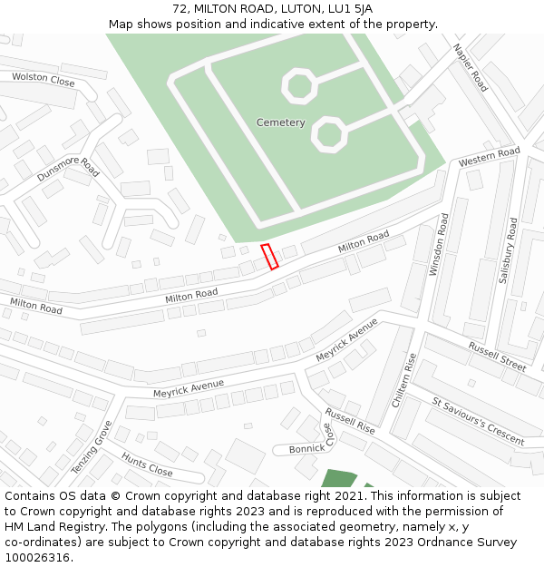 72, MILTON ROAD, LUTON, LU1 5JA: Location map and indicative extent of plot