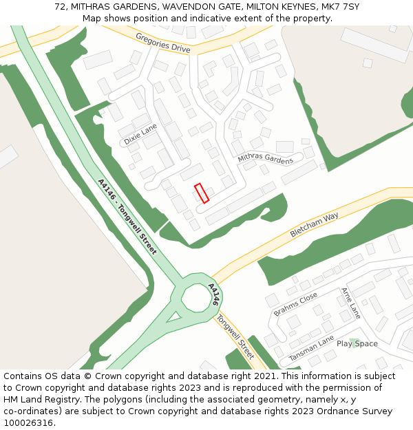 72, MITHRAS GARDENS, WAVENDON GATE, MILTON KEYNES, MK7 7SY: Location map and indicative extent of plot