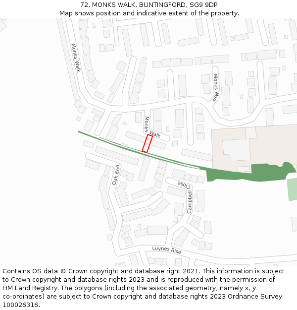 72, MONKS WALK, BUNTINGFORD, SG9 9DP: Location map and indicative extent of plot