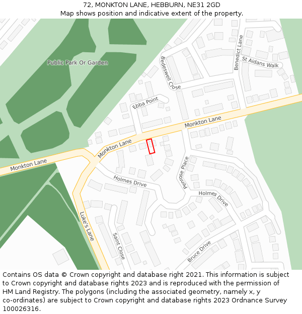 72, MONKTON LANE, HEBBURN, NE31 2GD: Location map and indicative extent of plot