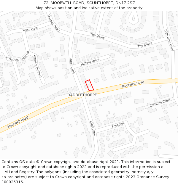 72, MOORWELL ROAD, SCUNTHORPE, DN17 2SZ: Location map and indicative extent of plot