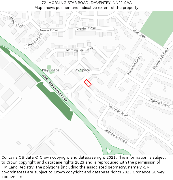72, MORNING STAR ROAD, DAVENTRY, NN11 9AA: Location map and indicative extent of plot