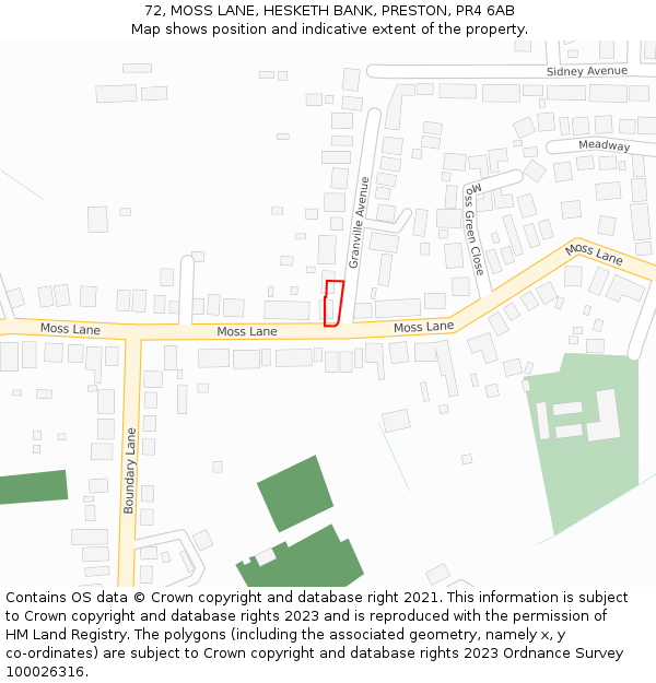 72, MOSS LANE, HESKETH BANK, PRESTON, PR4 6AB: Location map and indicative extent of plot