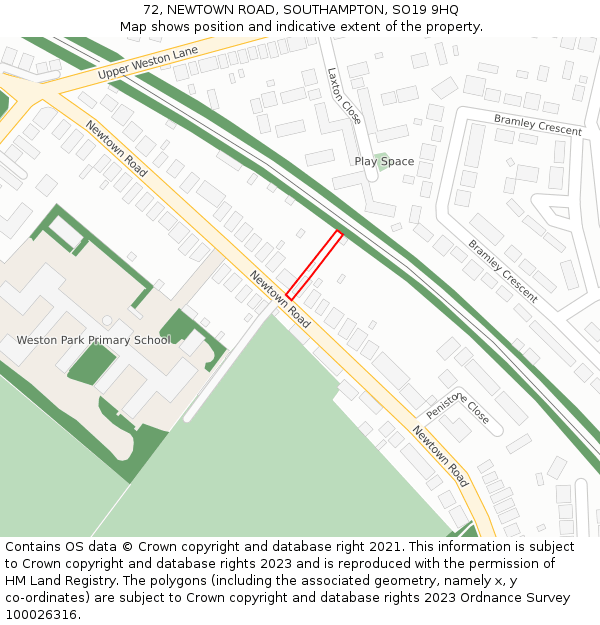 72, NEWTOWN ROAD, SOUTHAMPTON, SO19 9HQ: Location map and indicative extent of plot