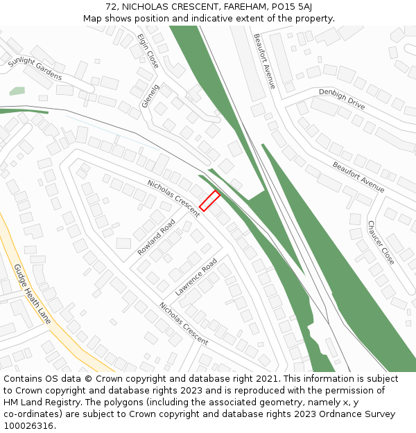 72, NICHOLAS CRESCENT, FAREHAM, PO15 5AJ: Location map and indicative extent of plot