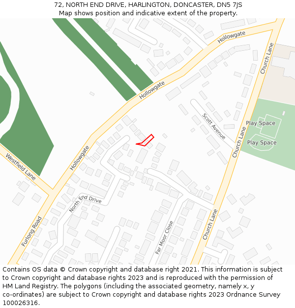 72, NORTH END DRIVE, HARLINGTON, DONCASTER, DN5 7JS: Location map and indicative extent of plot