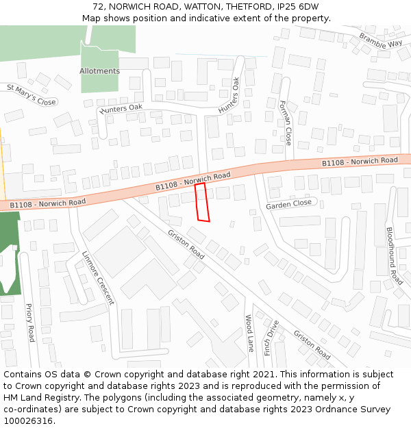 72, NORWICH ROAD, WATTON, THETFORD, IP25 6DW: Location map and indicative extent of plot