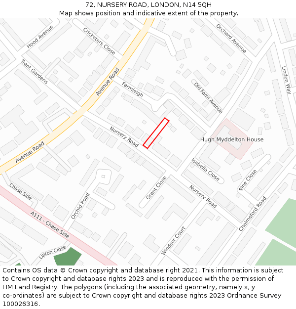 72, NURSERY ROAD, LONDON, N14 5QH: Location map and indicative extent of plot
