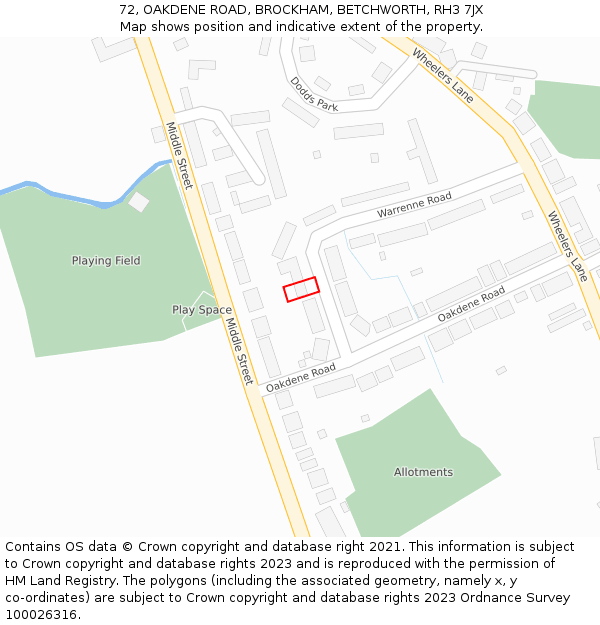 72, OAKDENE ROAD, BROCKHAM, BETCHWORTH, RH3 7JX: Location map and indicative extent of plot