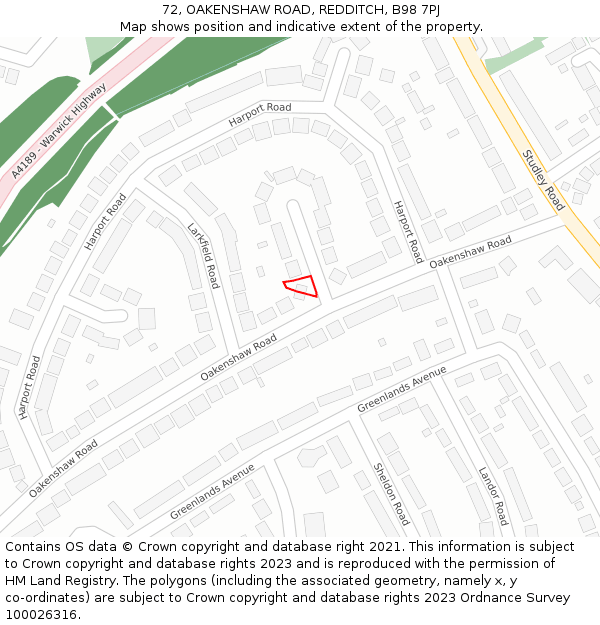 72, OAKENSHAW ROAD, REDDITCH, B98 7PJ: Location map and indicative extent of plot