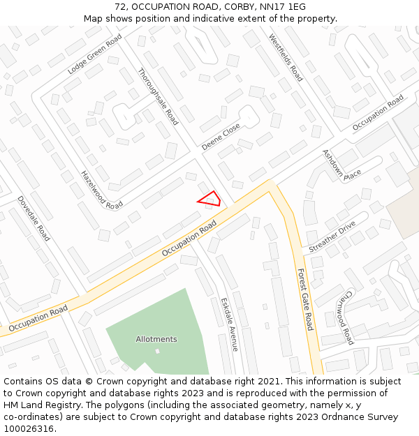 72, OCCUPATION ROAD, CORBY, NN17 1EG: Location map and indicative extent of plot