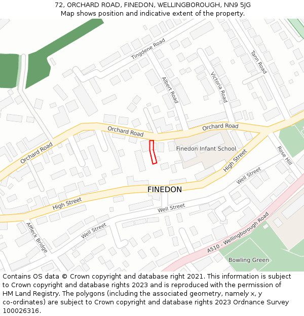 72, ORCHARD ROAD, FINEDON, WELLINGBOROUGH, NN9 5JG: Location map and indicative extent of plot