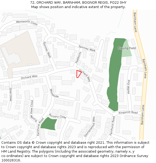 72, ORCHARD WAY, BARNHAM, BOGNOR REGIS, PO22 0HY: Location map and indicative extent of plot