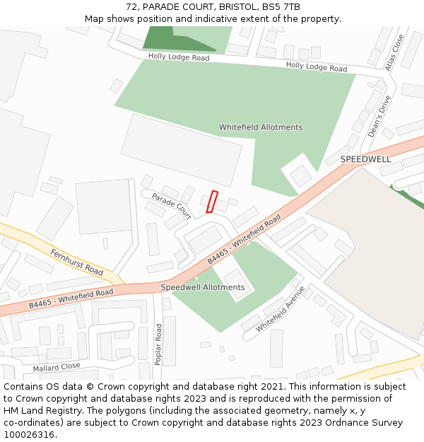 72, PARADE COURT, BRISTOL, BS5 7TB: Location map and indicative extent of plot