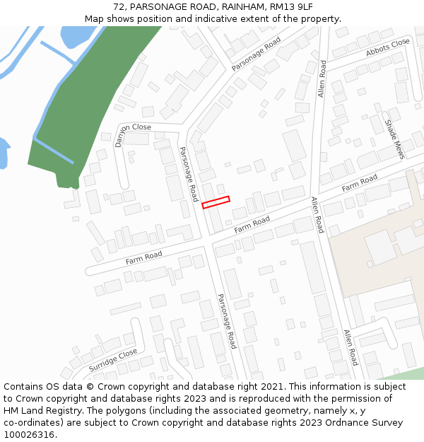 72, PARSONAGE ROAD, RAINHAM, RM13 9LF: Location map and indicative extent of plot