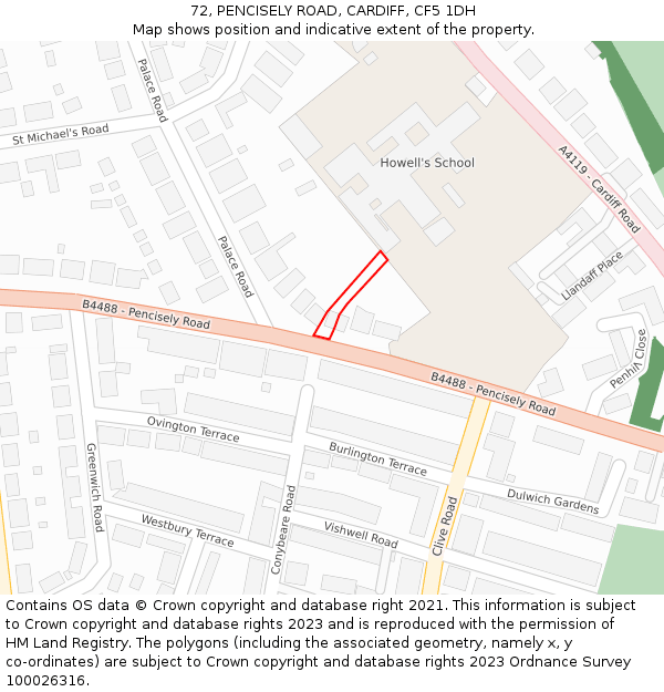 72, PENCISELY ROAD, CARDIFF, CF5 1DH: Location map and indicative extent of plot