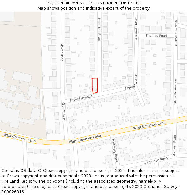 72, PEVERIL AVENUE, SCUNTHORPE, DN17 1BE: Location map and indicative extent of plot