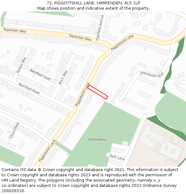 72, PIGGOTTSHILL LANE, HARPENDEN, AL5 1LP: Location map and indicative extent of plot