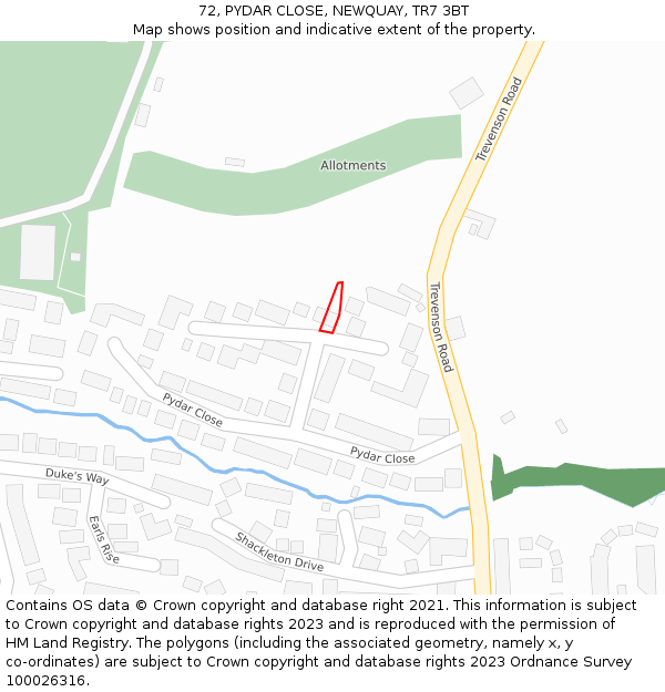 72, PYDAR CLOSE, NEWQUAY, TR7 3BT: Location map and indicative extent of plot