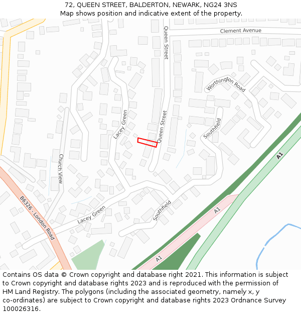 72, QUEEN STREET, BALDERTON, NEWARK, NG24 3NS: Location map and indicative extent of plot