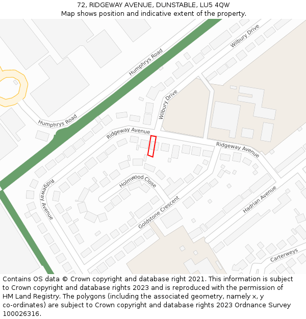 72, RIDGEWAY AVENUE, DUNSTABLE, LU5 4QW: Location map and indicative extent of plot