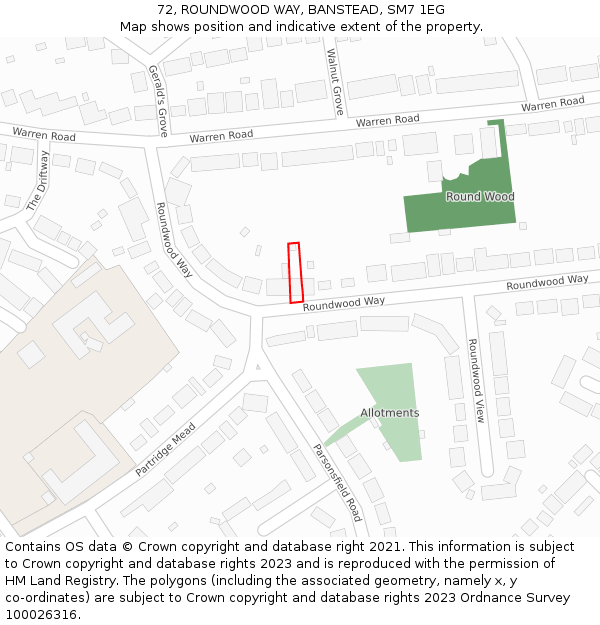 72, ROUNDWOOD WAY, BANSTEAD, SM7 1EG: Location map and indicative extent of plot