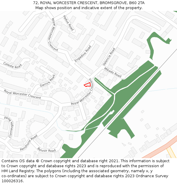 72, ROYAL WORCESTER CRESCENT, BROMSGROVE, B60 2TA: Location map and indicative extent of plot