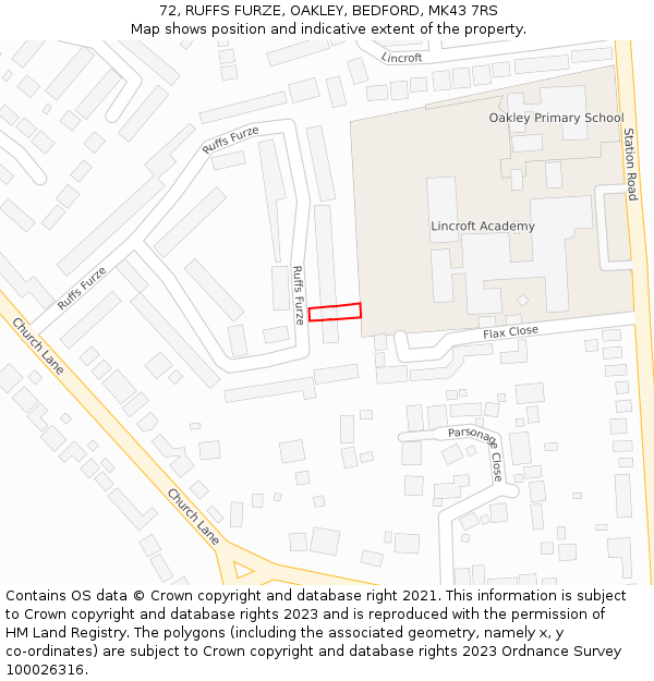 72, RUFFS FURZE, OAKLEY, BEDFORD, MK43 7RS: Location map and indicative extent of plot