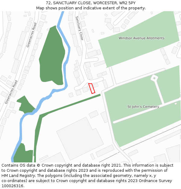 72, SANCTUARY CLOSE, WORCESTER, WR2 5PY: Location map and indicative extent of plot